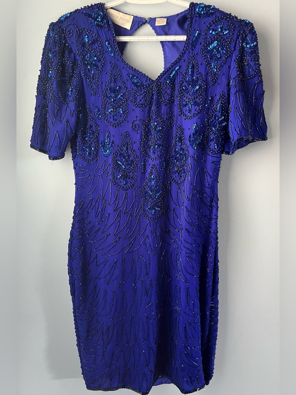 Vintage Vanessa Stevens 100% Silk Blue Hand Beaded Dress Made in India Size L